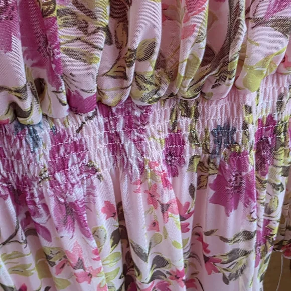 Women's Pink Floral Midi Dress with Long Sheer Sleeves - Picture 6 of 7